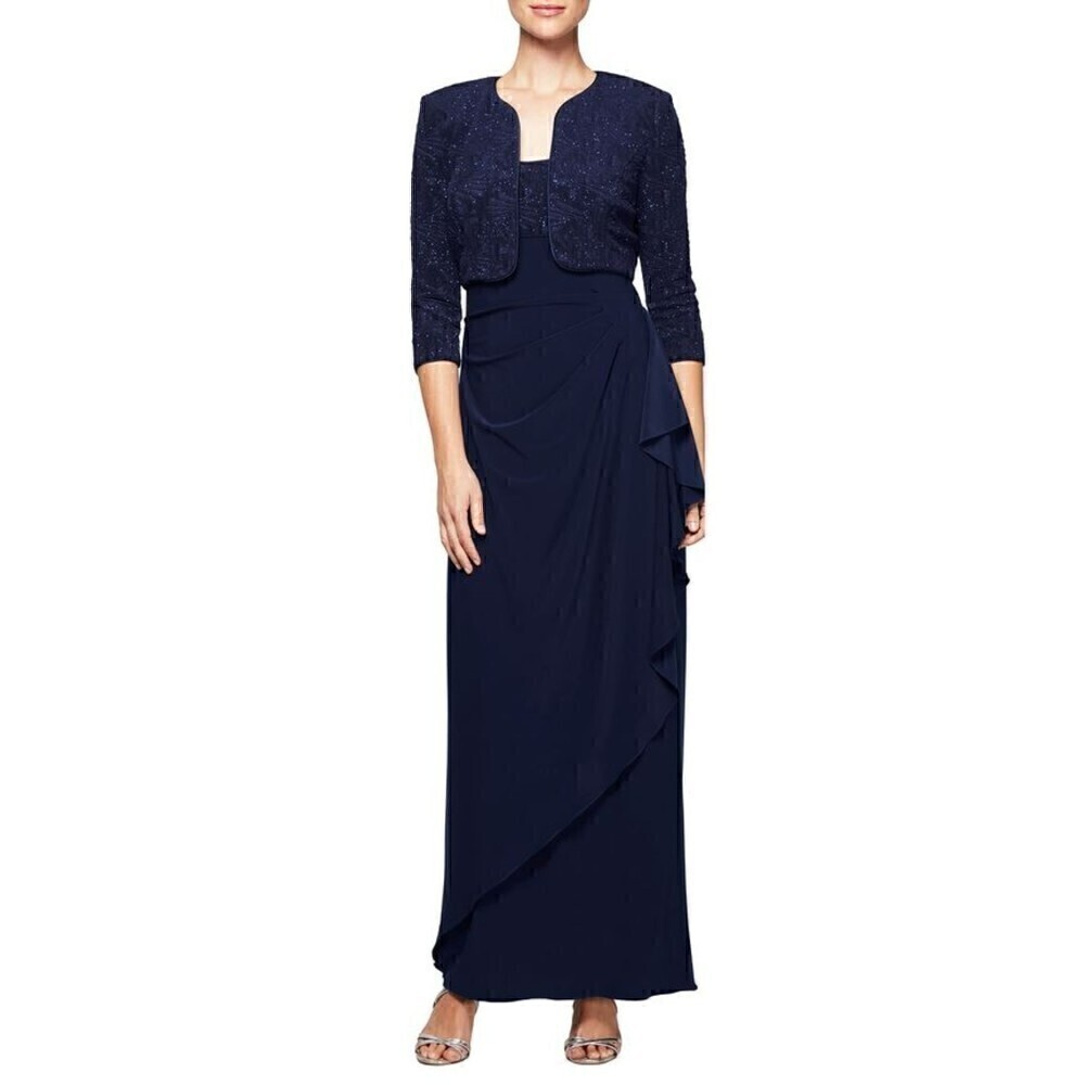 Alex Evenings Navy Blue Draped Column Gown With Bolero Jacket Size 6P